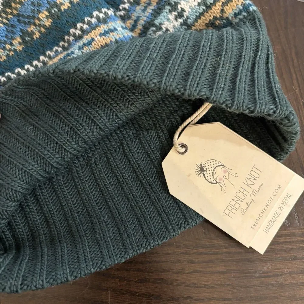 French Knot Shetland Brim Men’s Snow Hat Hand Made In Nepal Wool Blend Isle NWT